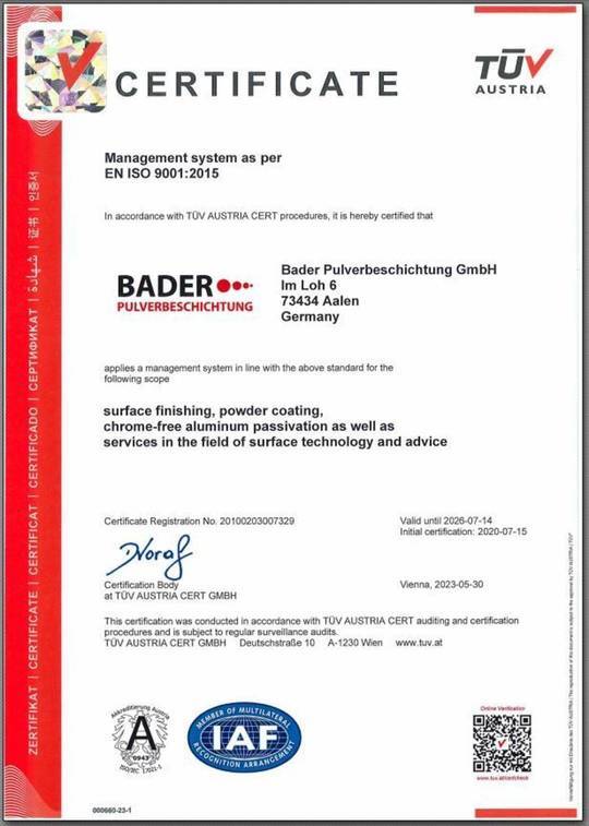 DIN EN ISO 9001/2015 Zertifikat bis 07/2026 gültig 