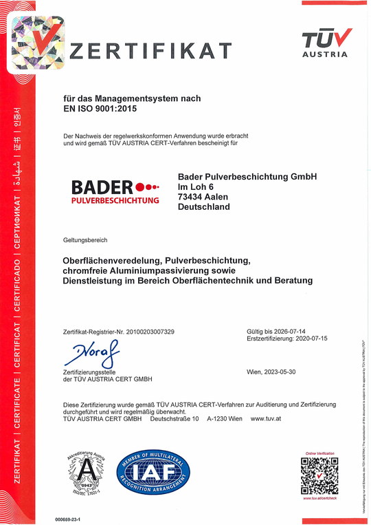 DIN EN ISO 9001/2015 Zertifikat bis 07/2026 gültig 
